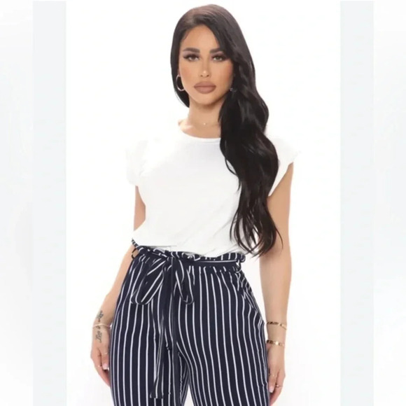 ZARA Navy Blue & White Striped Pants Tie Waist relaxed fit Pants size xs - Picture 1 of 9